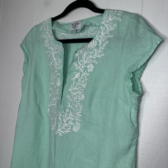 HIHO Tortola BVI Women’s 100% Linen Embroidered Tunic Top Beachy Teal Size Small - Picture 3 of 5